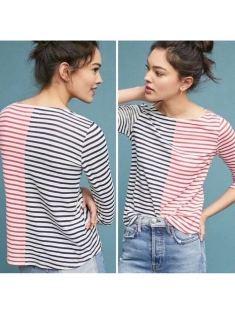 Anthropologie Blocked Striped Boat Neck Top Red & Blue 3/4 Sleeves